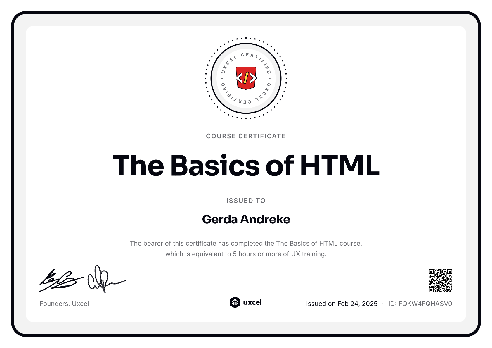 Gerda Andreke's certificate